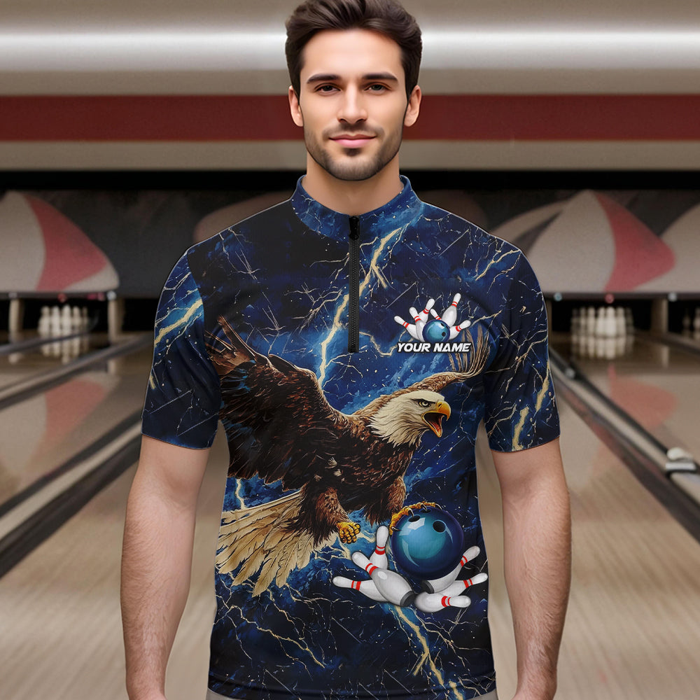 Custom Eagle Bowling Shirts For men Blue Lightning Thunder storm, Bowling Team Jerseys NQS9766