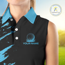 Load image into Gallery viewer, Black and Blue Sleeveless Golf polo shirts Custom name ladies golf outfits, gifts for golf lovers NQS10019