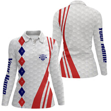 Load image into Gallery viewer, Women golf polo shirt custom red, white and blue argyle golf ball skin patriot golf gifts for women NQS5825