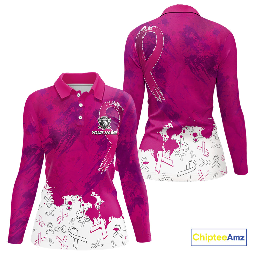 Pink Ribbons pattern Women golf polo shirts custom ladies's breast cancer awareness polo shirts NQS10319