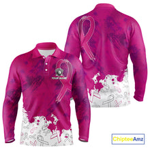 Load image into Gallery viewer, Pink Ribbons pattern Mens golf polo shirts custom men&#39;s breast cancer awareness polo shirts NQS10319