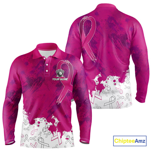 Pink Ribbons pattern Mens golf polo shirts custom men's breast cancer awareness polo shirts NQS10319