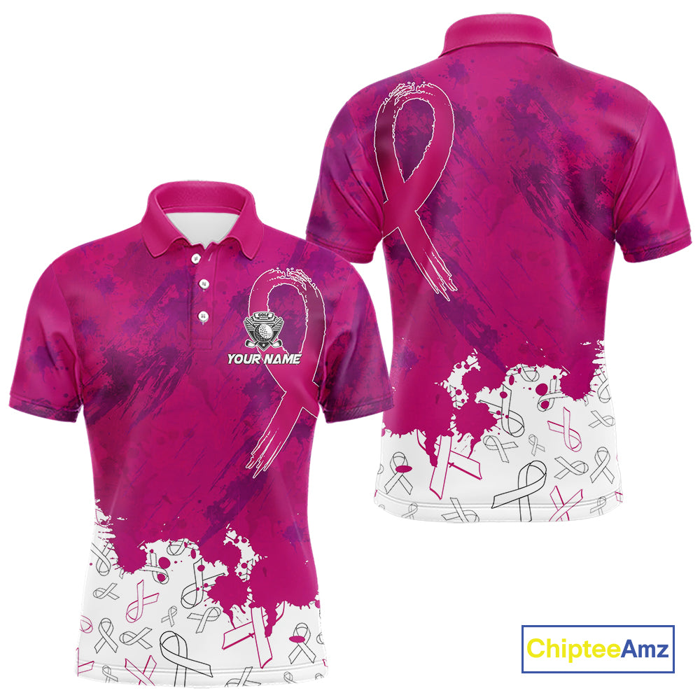 Pink Ribbons pattern Mens golf polo shirts custom men's breast cancer awareness polo shirts NQS10319