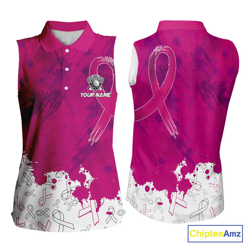 Pink Ribbons pattern Women sleeveless polo shirts custom ladies's breast cancer awareness polo shirts NQS10319