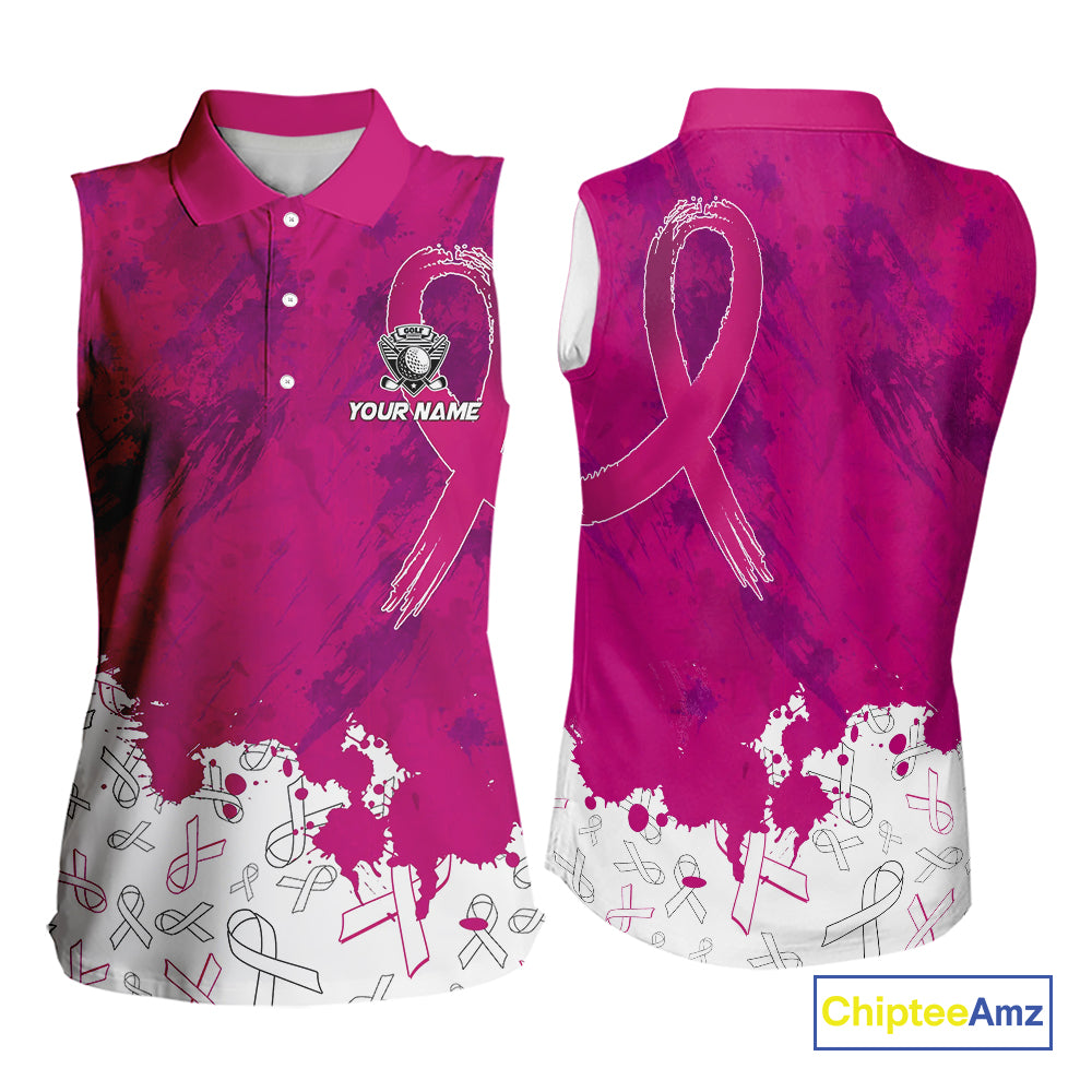 Pink Ribbons pattern Women sleeveless polo shirts custom ladies's breast cancer awareness polo shirts NQS10319