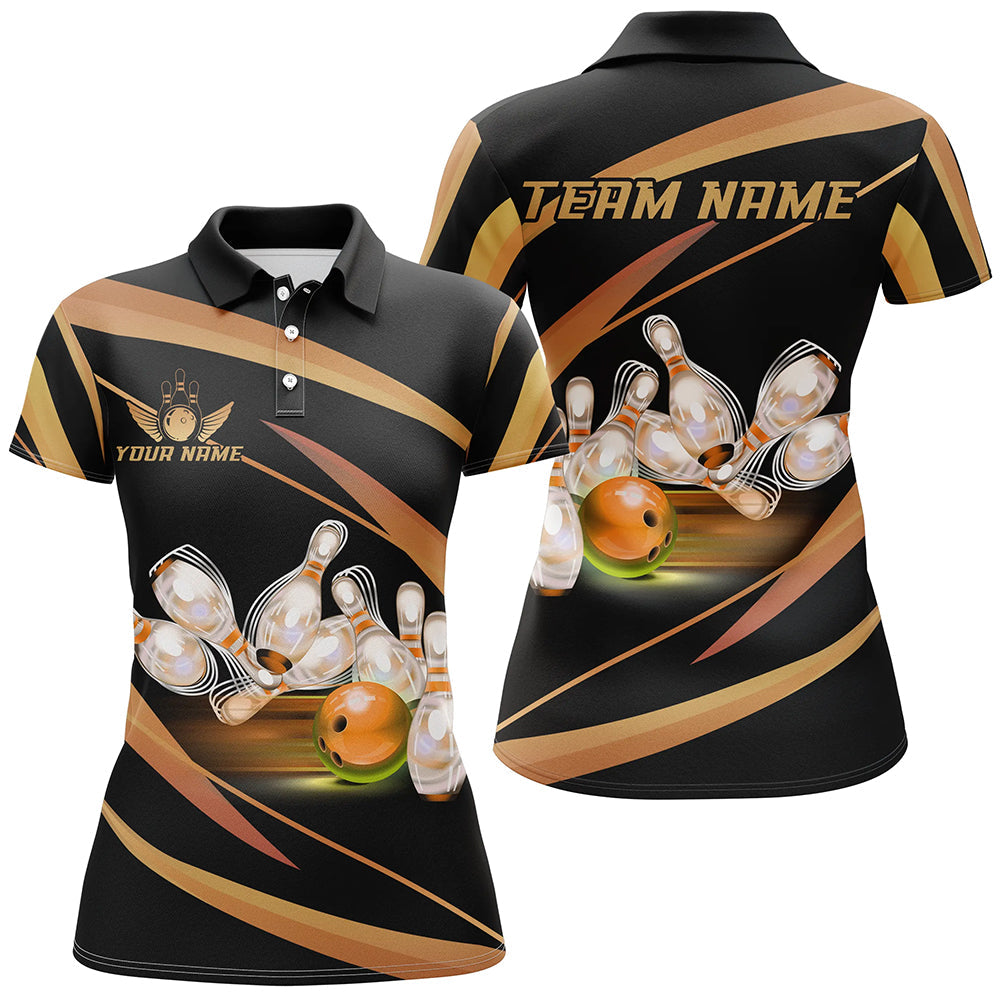 Personalized Black And Gold Bowling Shirts For Women, Custom Team Bowling League Jerseys NQS8347
