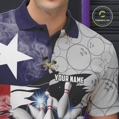 Smoke Texas Flag Gray Camo Bowling Polo, 1/4 Zip shirt for men Custom patriotic Team bowling jersey NQS10532
