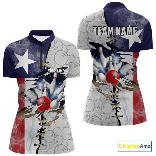 Smoke Texas Flag Gray Camo Bowling Polo, 1/4 Zip shirt for Women Custom patriotic Team bowling jersey NQS10532