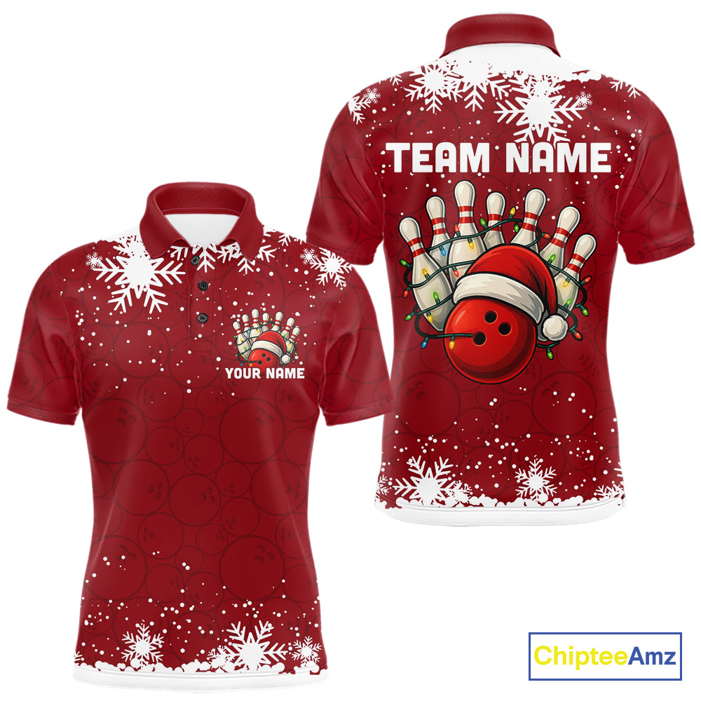 Red Christmas Bowling snowflake Men's Bowling Polo, Quarter Zip shirts Custom Xmas Bowling Outfits NQS10949