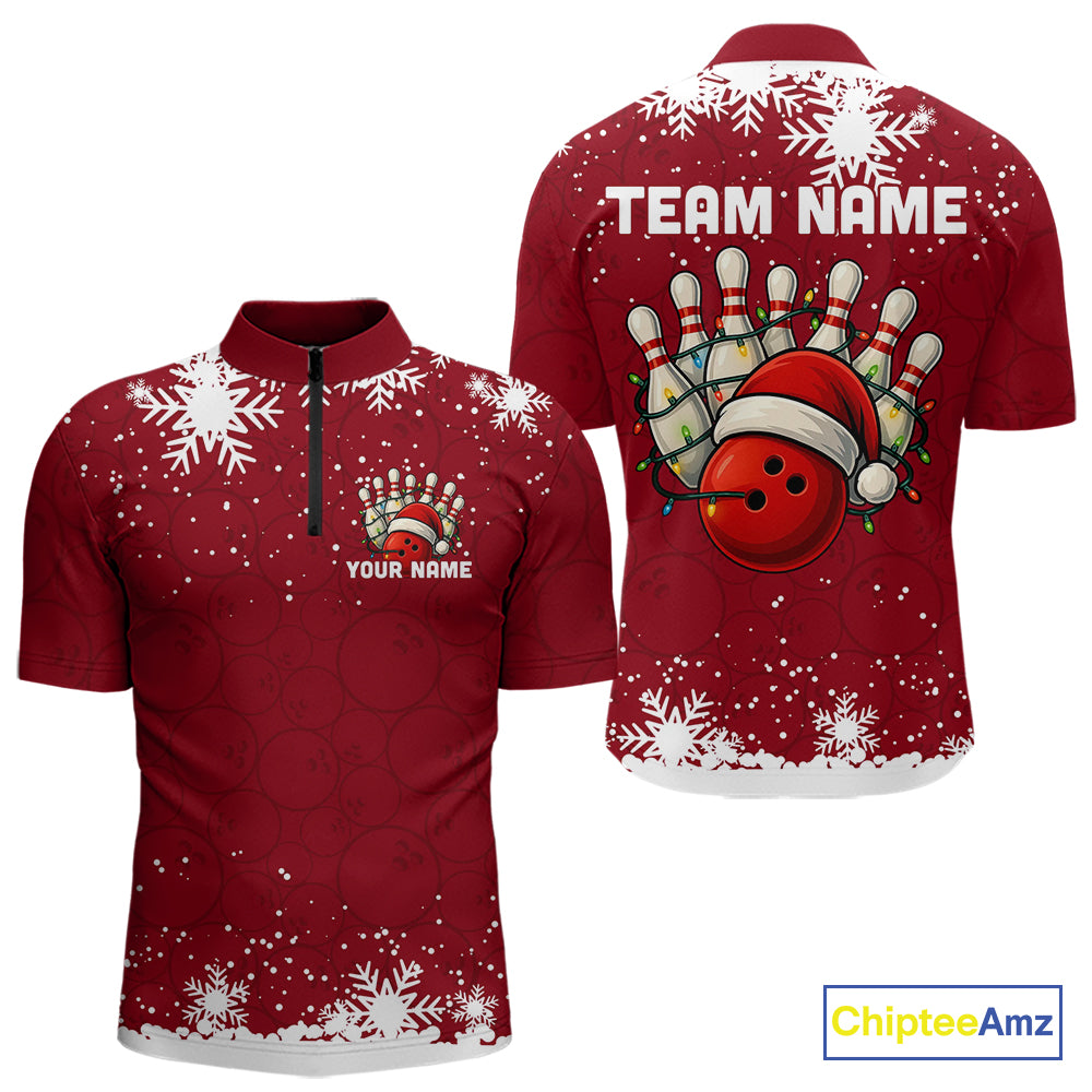 Red Christmas Bowling snowflake Men's Bowling Polo, Quarter Zip shirts Custom Xmas Bowling Outfits NQS10949
