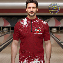 Load image into Gallery viewer, Red Christmas Bowling snowflake Men&#39;s Bowling Polo, Quarter Zip shirts Custom Xmas Bowling Outfits NQS10949