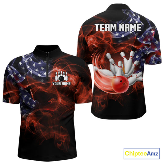 Personalized US Flag Smoke Bowling Shirts For Men Custom Patriotic Team Bowling Jerseys NQS11136