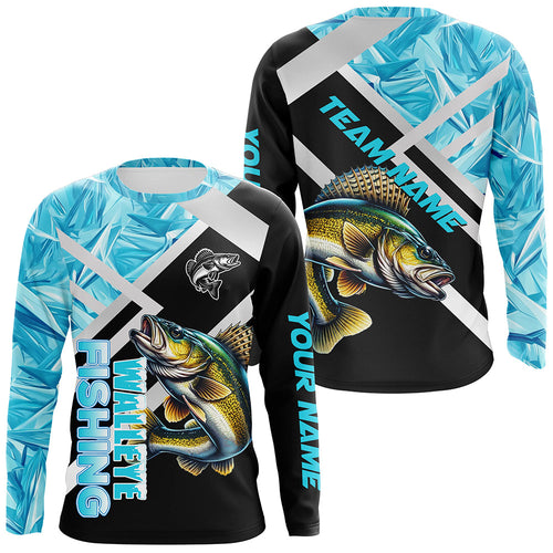 Personalized Blue Ice camo Walleye Ice Fishing Shirts Custom Team Walleye Long Sleeve Fishing Jersey NQS9286