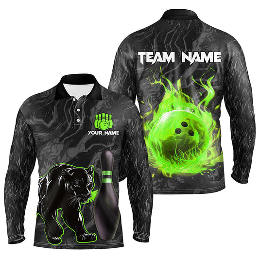 Black Camo Panther Green Flame Bowling Polo, 1/4 Zip Shirts For Men Custom Bowling Team League Jersey NQS9442