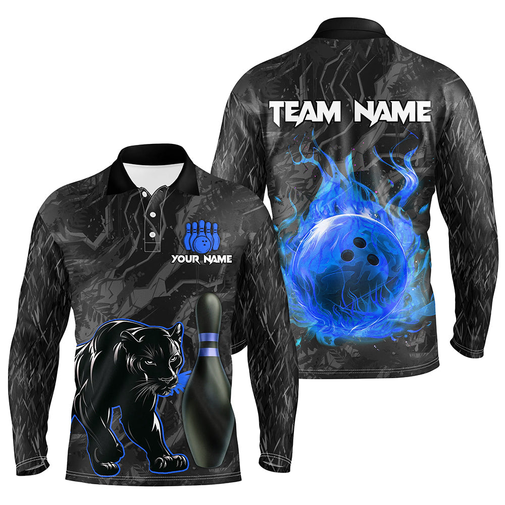 Black Camo Panther Blue Flame Bowling Polo, 1/4 Zip Shirts For Men Custom Bowling Team League Jersey NQS9443