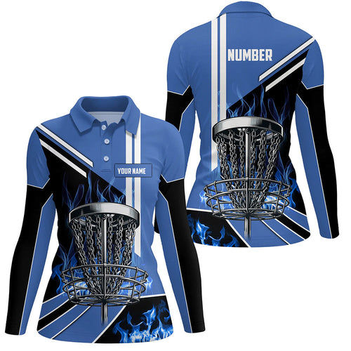 Women disc golf polo shirts custom blue flame disc golf basket disc golf outfit, disc golf apparel NQS7358