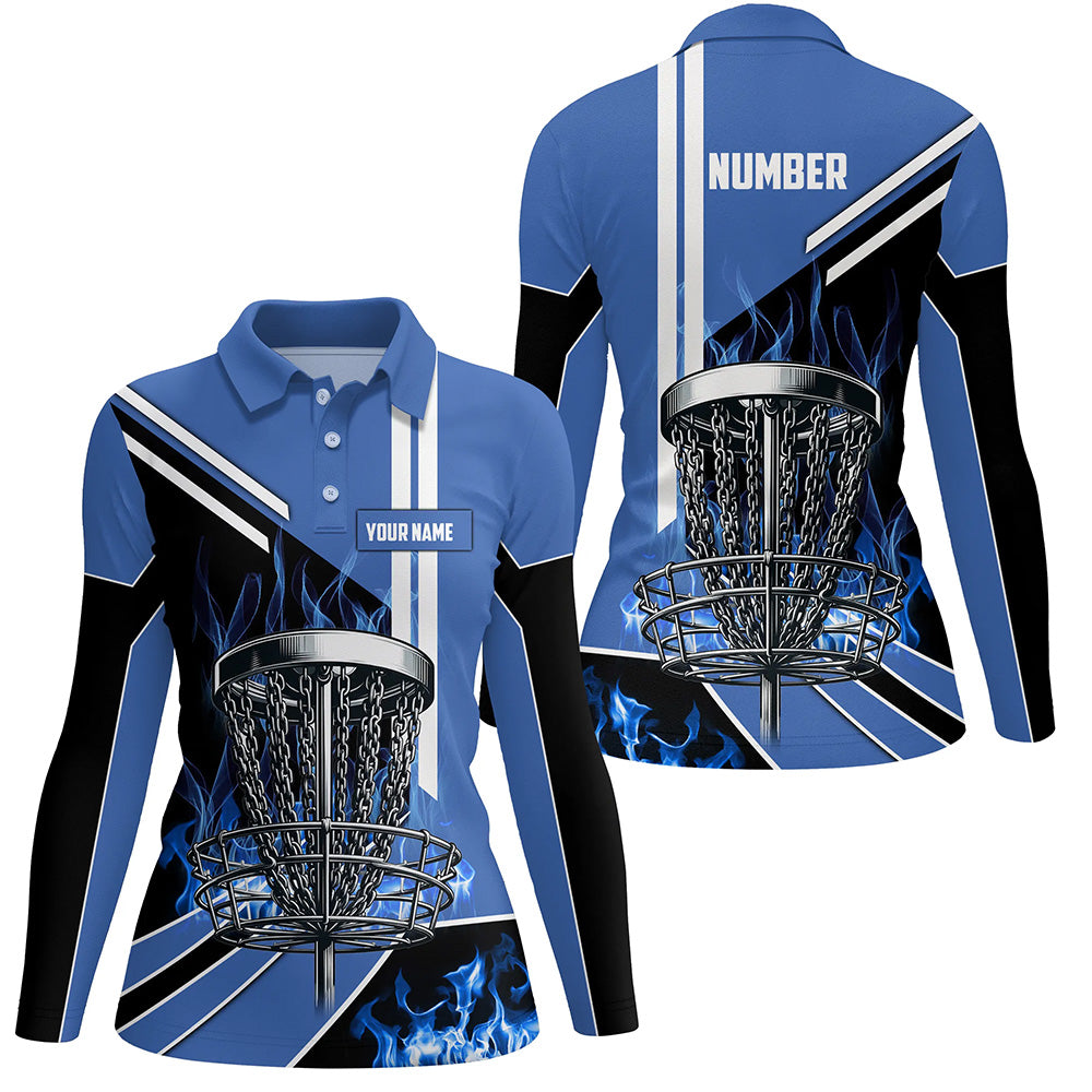 Women disc golf polo shirts custom blue flame disc golf basket disc golf outfit, disc golf apparel NQS7358