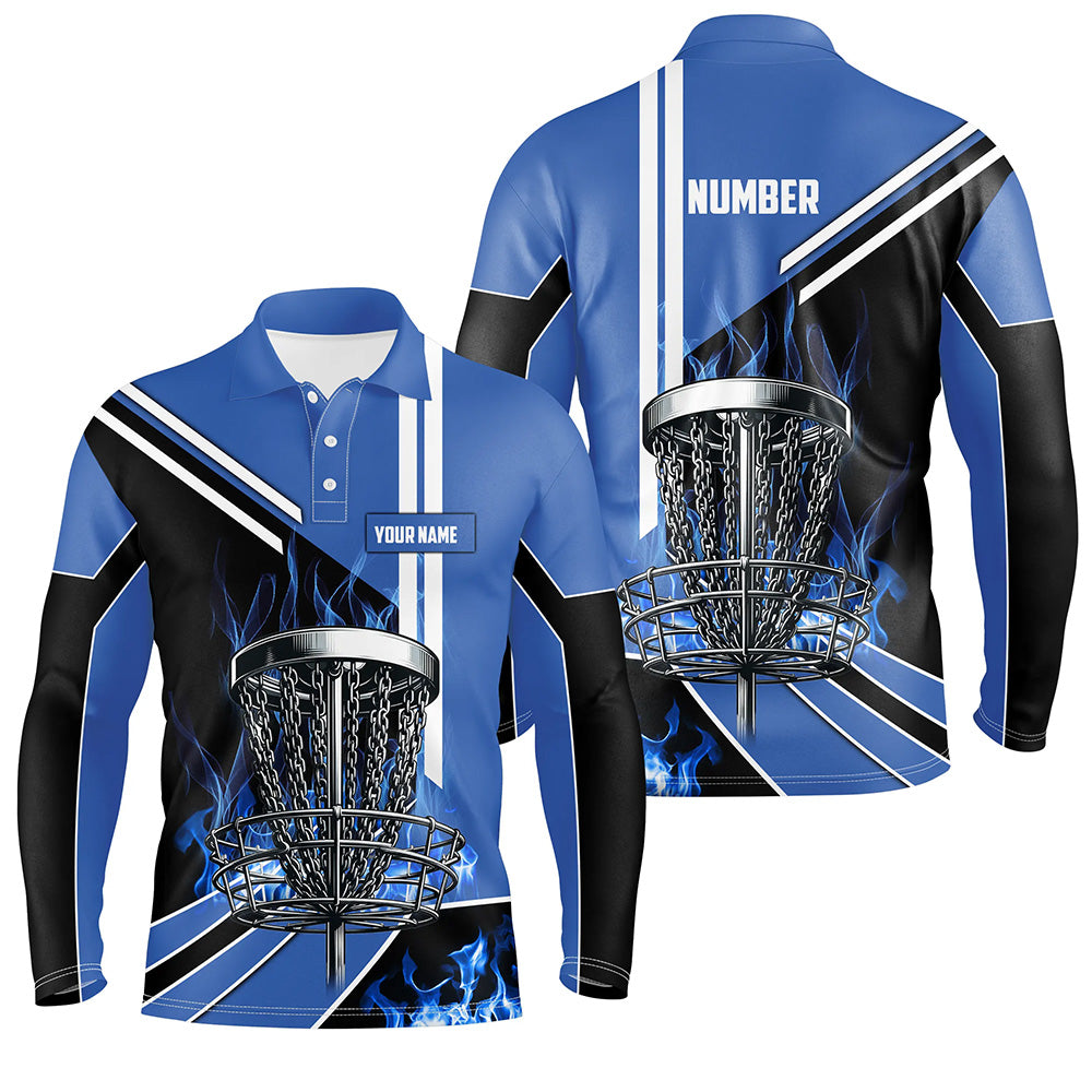 Mens disc golf polo shirt custom blue flame disc golf basket disc golf outfit, disc golf apparel NQS7358