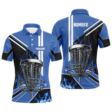Load image into Gallery viewer, Mens disc golf polo shirt custom blue flame disc golf basket disc golf outfit, disc golf apparel NQS7358