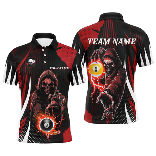 Funny Red Death Skeleton With Billiard 8 Ball & 9 Ball Men Polo Shirts Custom Billiard Team Jersey TDM1340