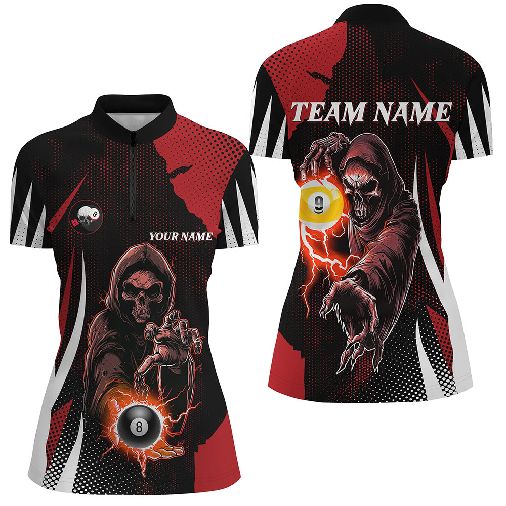 Funny Red Grim Reaper Billiard 8 Ball & 9 Ball Women Quarter-Zip Shirts, Billiard Jersey TDM1340