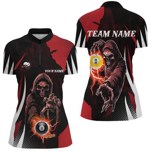Funny Red Death Skeleton Billiard 8 Ball & 9 Ball Women Quarter-Zip Shirts, Billiard Jersey TDM1340
