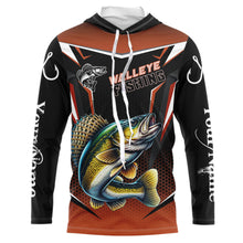 Load image into Gallery viewer, Black and Orange Walleye Long Sleeve Fishing Shirt, Personalized Walleye Fishing Tounament Jersey NQS9772