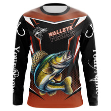 Load image into Gallery viewer, Black and Orange Walleye Long Sleeve Fishing Shirt, Personalized Walleye Fishing Tounament Jersey NQS9772