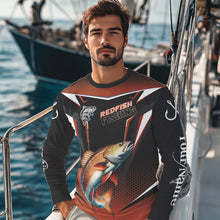 Load image into Gallery viewer, Black and Orange Redfish Long Sleeve Fishing Shirt, Personalized Red Drum Fishing Tounament Jersey NQS9774