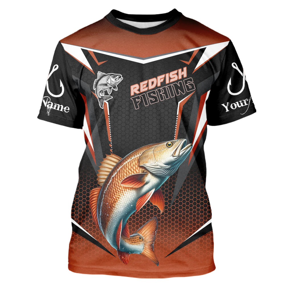 Black and Orange Redfish Long Sleeve Fishing Shirt, Personalized Red Drum Fishing Tounament Jersey NQS9774