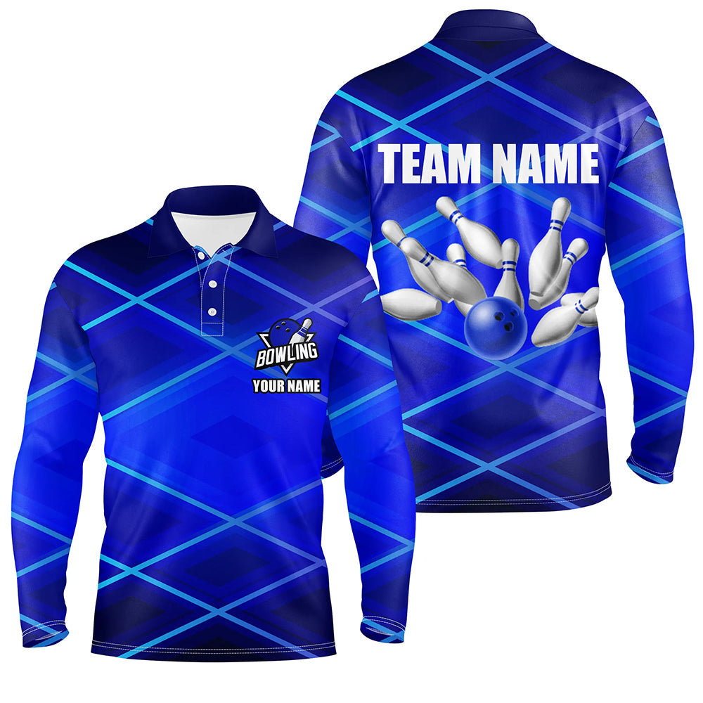 Mens bowling polo, 1/4 zip shirt Custom neon blue bowling team league jerseys, gifts for bowlers NQS7540