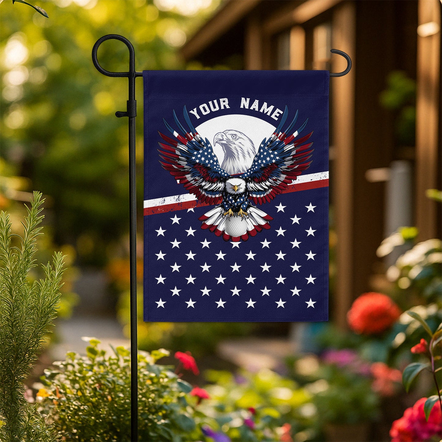 Red, white, and blue American flag Eagle patriotic Custom name Golf Garden Flag, unique golf gifts NQS9907