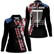 Load image into Gallery viewer, American flag patriotic Womens disc golf polo shirt custom team disc golf basket shirts | Black NQS5569