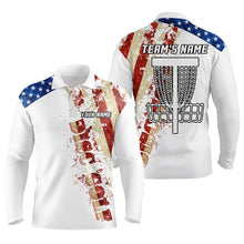 Load image into Gallery viewer, American flag patriotic Mens disc golf polo shirt custom team disc golf basket shirts | White NQS5570