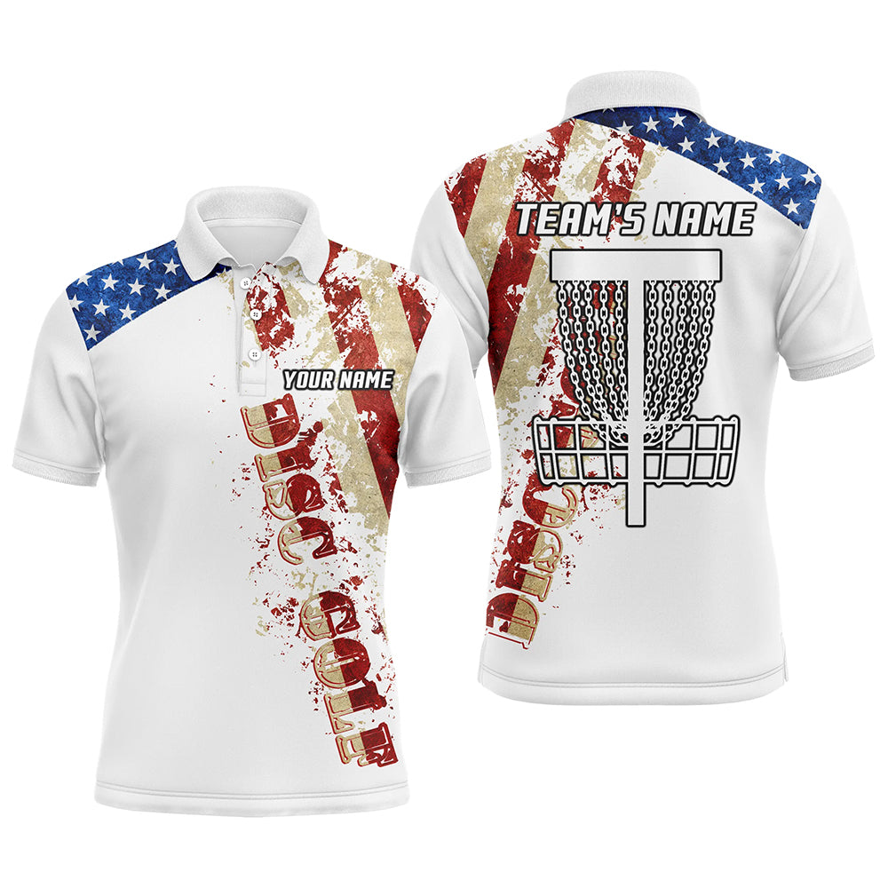 American flag patriotic Mens disc golf polo shirt custom team disc golf basket shirts | White NQS5570