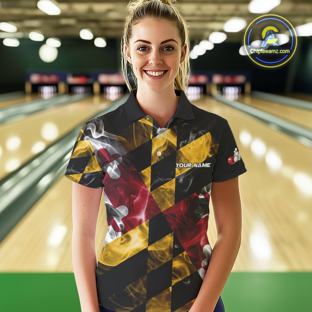 Smoke Maryland Flag Black Bowling Polo, 1/4 Zip shirt for Women Custom patriotic Team bowling jersey NQS10322