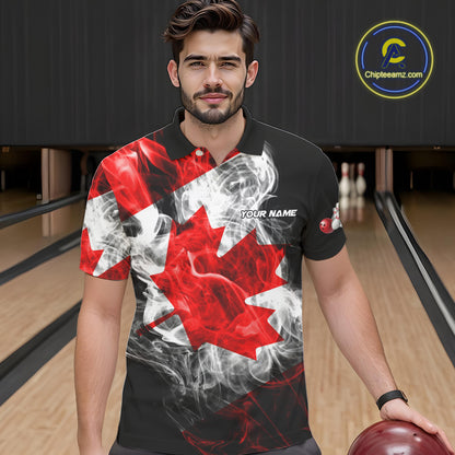 Smoke Canadian Flag Black Bowling Polo, 1/4 Zip shirt for men Custom patriotic Team bowling jersey NQS10323