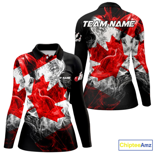 Smoke Canadian Flag Black Bowling Polo, 1/4 Zip shirt for Women Custom patriotic Team bowling jersey NQS10323