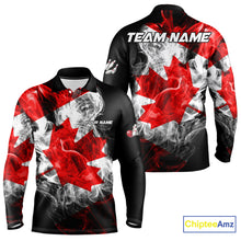 Load image into Gallery viewer, Smoke Canadian Flag Black Bowling Polo, 1/4 Zip shirt for men Custom patriotic Team bowling jersey NQS10323