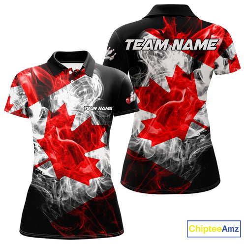 Smoke Canadian Flag Black Bowling Polo, 1/4 Zip shirt for Women Custom patriotic Team bowling jersey NQS10323