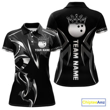 Load image into Gallery viewer, Black and Silver crown Bowling ball Polo, Quarter Zip Shirts for Women Custom Bowling Team jerseys NQS10537