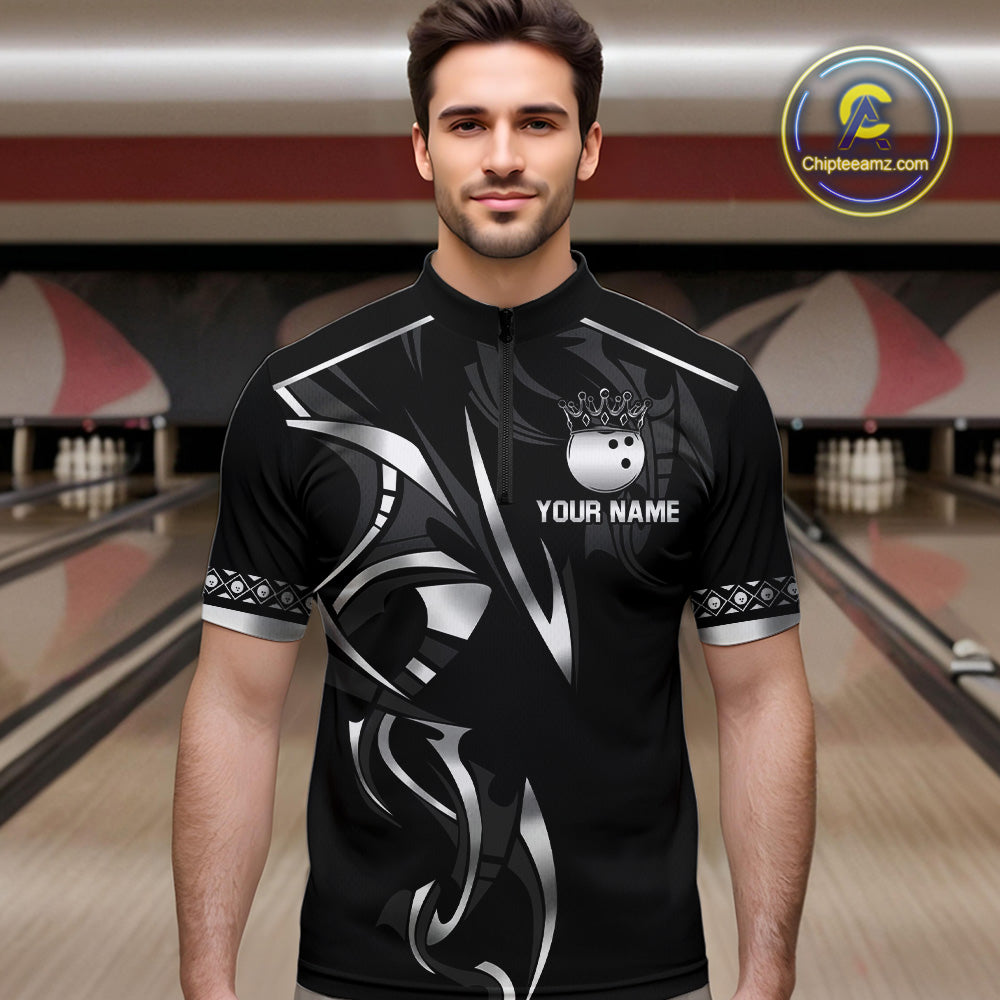 Black and Silver crown Bowling ball Polo, Quarter Zip Shirts for Men Custom Bowling Team jerseys NQS10537