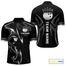 Load image into Gallery viewer, Black and Silver crown Bowling ball Polo, Quarter Zip Shirts for Men Custom Bowling Team jerseys NQS10537