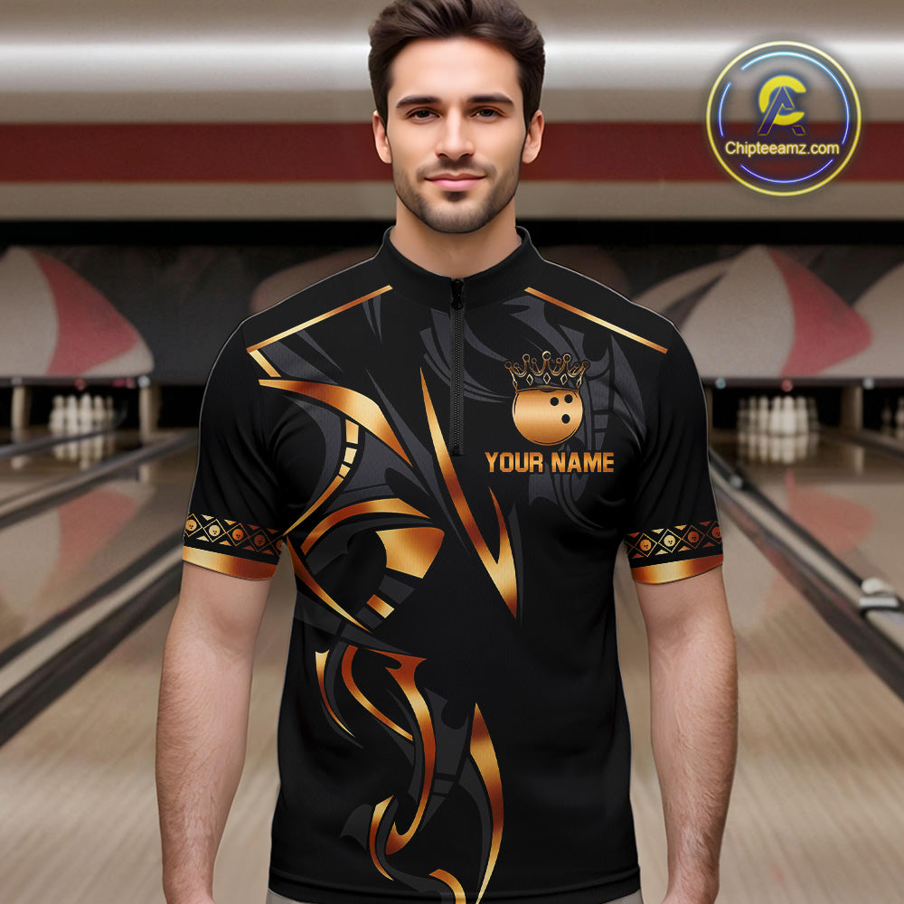 Black and Orange crown Bowling ball Polo, Quarter Zip Shirts for Men Custom Bowling Team jerseys NQS10538