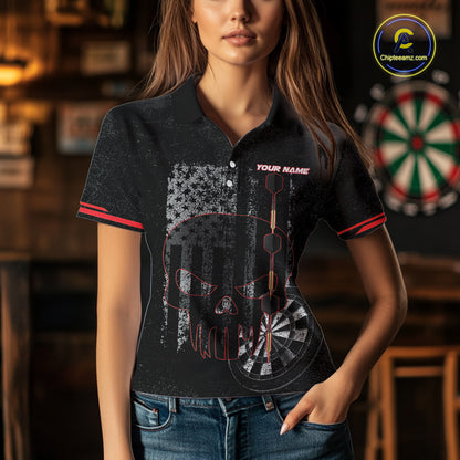 Black & White grunge American Flag Skull Women Darts Shirt Custom patriotic Team Darts Jersey | Red NQS10749