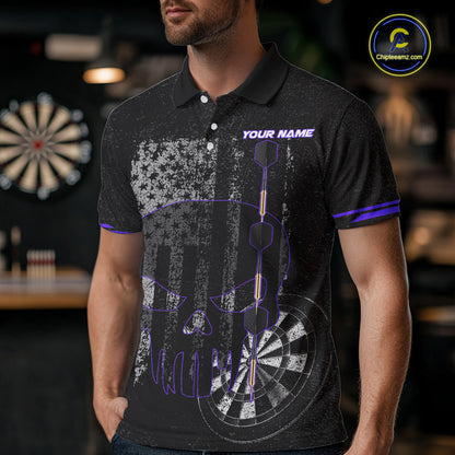 Black & White grunge American Flag Skull Mens Darts Shirt Custom patriotic Team Darts Jersey | Purple NQS10750