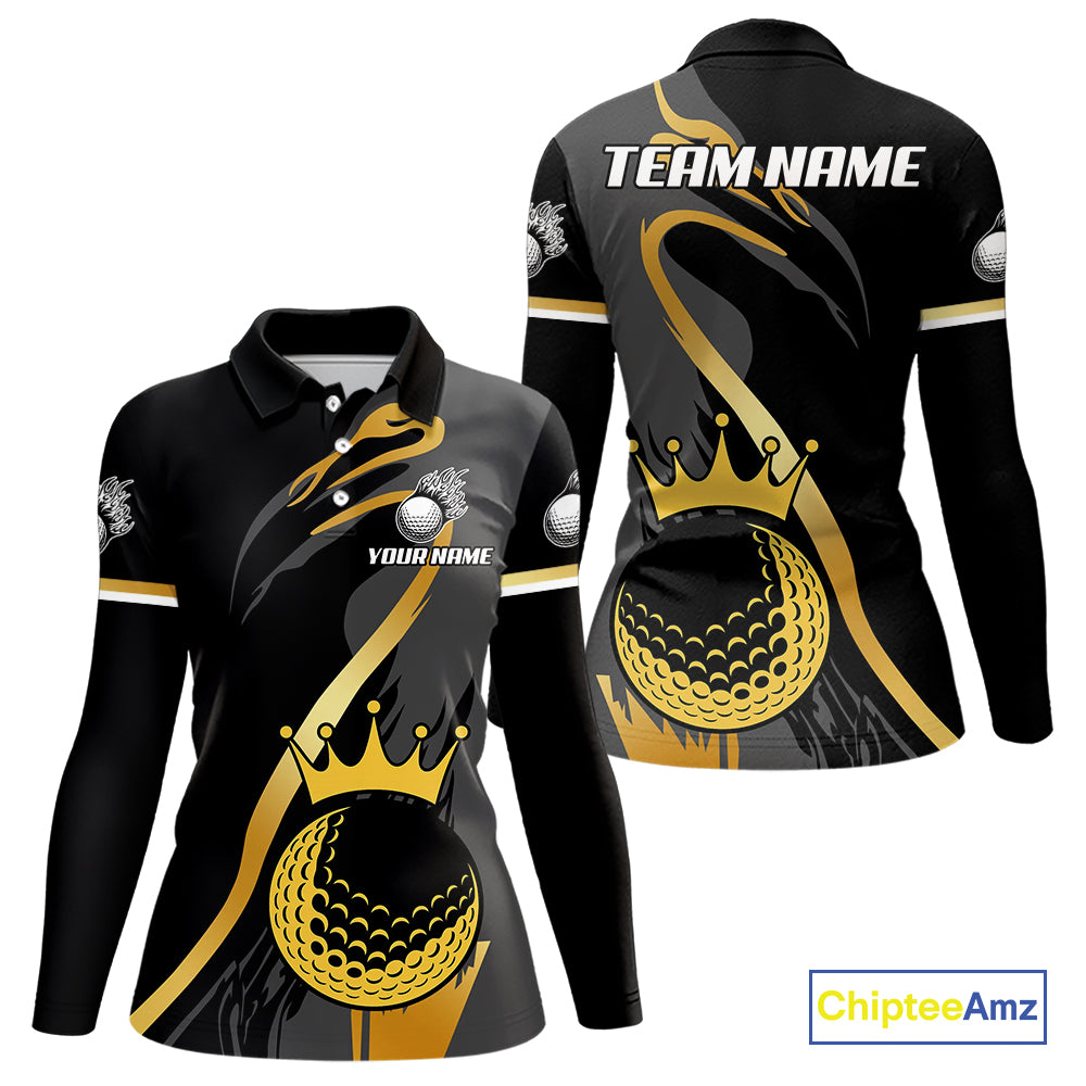 Black and Gold Crown Golf ball Women's golf polo shirts custom team golf tops for ladies NQS10757