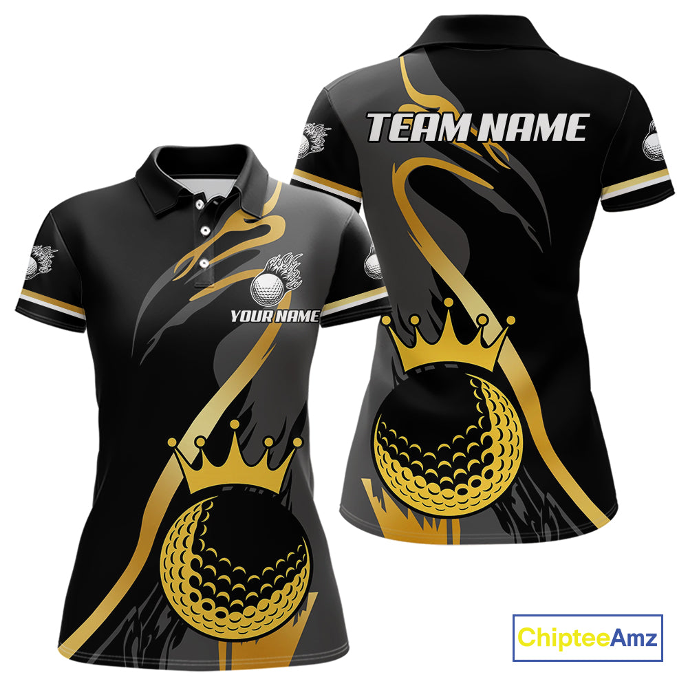 Black and Gold Crown Golf ball Women's golf polo shirts custom team golf tops for ladies NQS10757