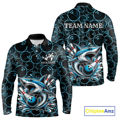 Black and Blue Camo Shark Bowling Polo, Quarter Zip Shirt For Men Custom Team Shark Bowling jerseys NQS11338