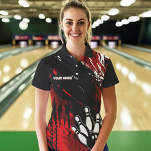 Load image into Gallery viewer, Black and Red Womens bowling shirts Custom retro bowling ball and pins bowling team league jerseys NQS9454